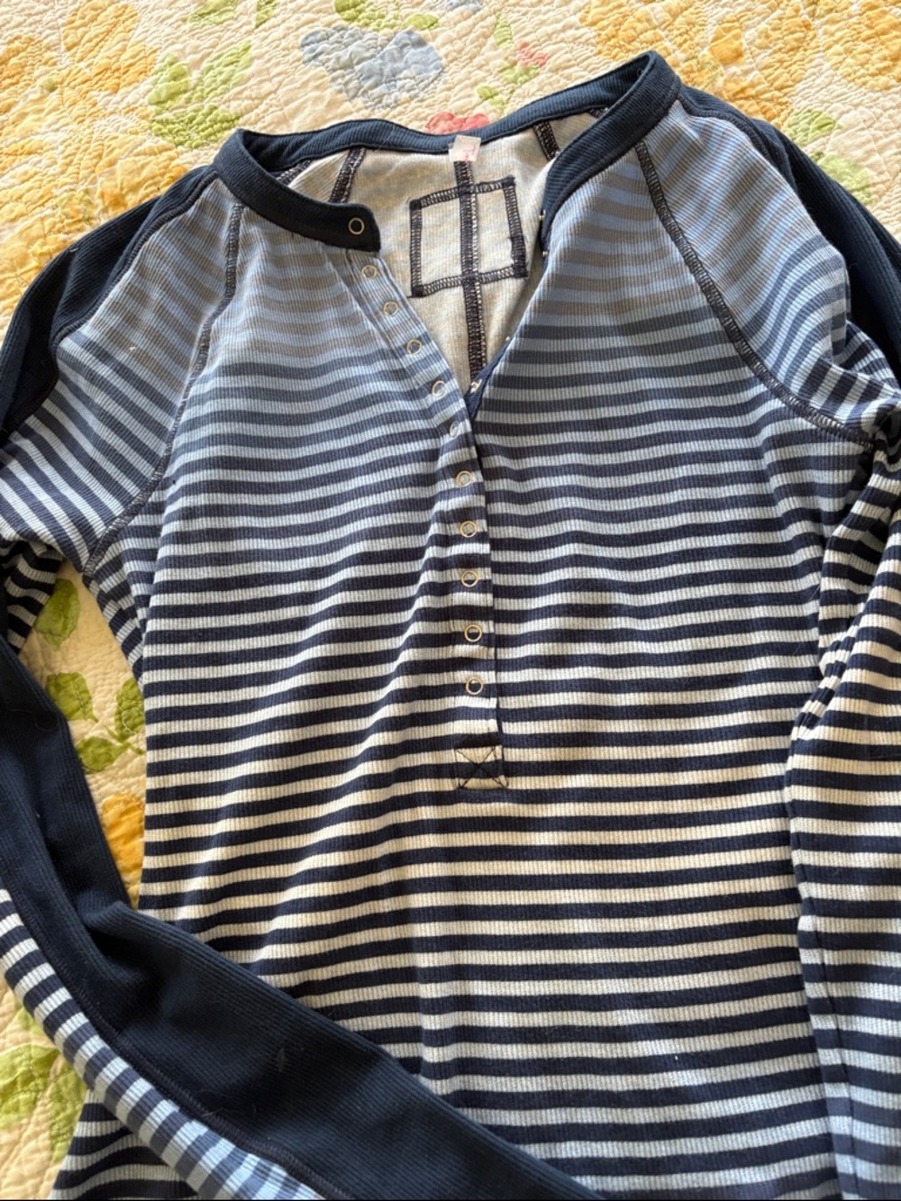 Free People Navy & White Striped Henley Raglan Long Sleeve Top
